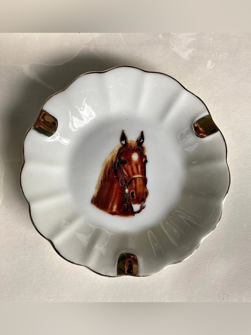 Vintage Round Porcelain Horse Pony Equestrian Gold Gilded Ashtray JAPAN 4" Dia